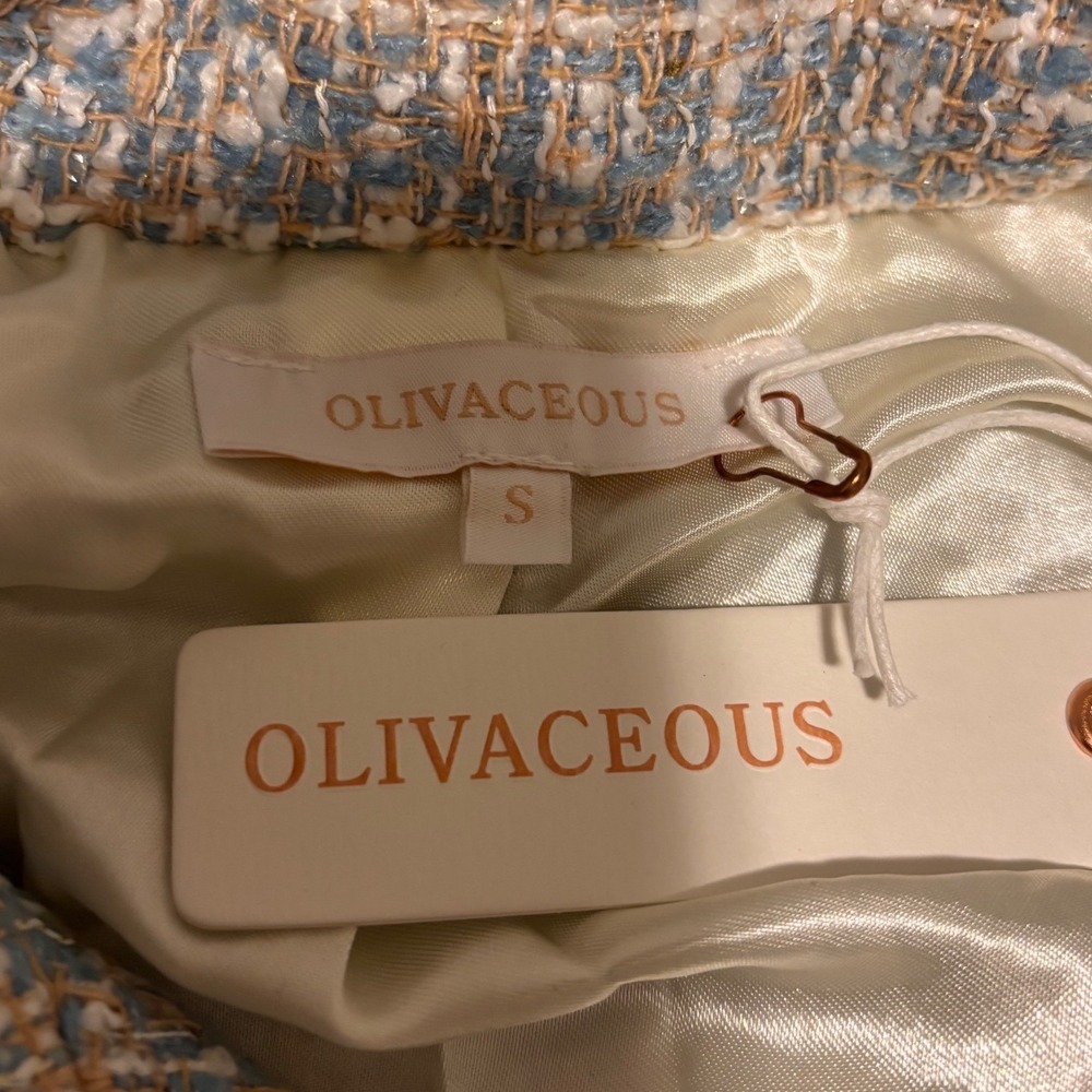 Olivaceous Tweed Jacket Women Small Blue Cream Plaid Old Money Preppy - Picture 4 of 8